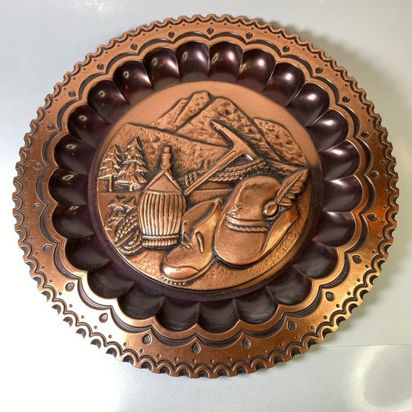Vintage 2D Copper Decorative Round Wall Plate Decor Swiss Alps Theme - Picture 1 of 5
